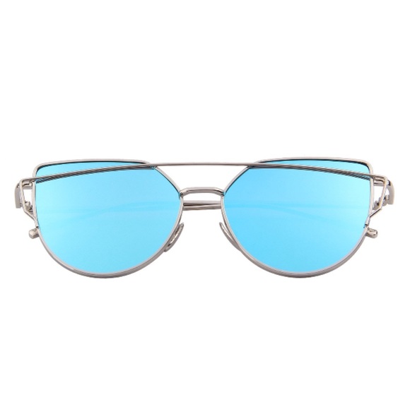 Blue Lens Silver Frame Cat Eye Aviator Sunglasses - Picture 5 of 5